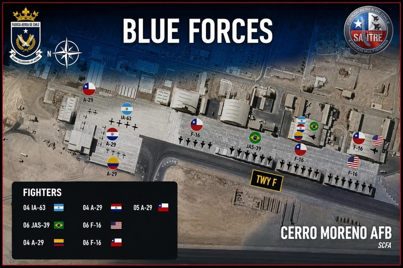 Infograf�a de la Fuerza Azul (Blue Forces) exhibido en el Centro de Operaciones A�reas Combinadas (CAOC) durante la inauguraci�n de Salitre 2026